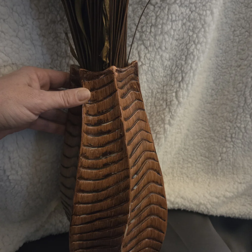 Vintage Carved Wood Table Vase w/ Dried Grass | Boho Accent Decor